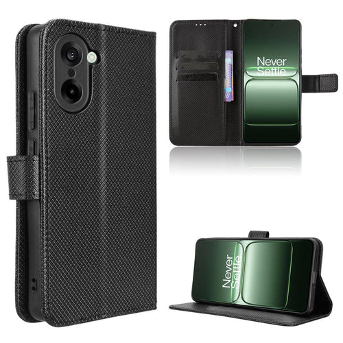 For OnePlus Nord CE5 5G / Ace 5 Racing 5G Leather Wallet Case with Strap Diamond Texture Phone Cover - Black - 1