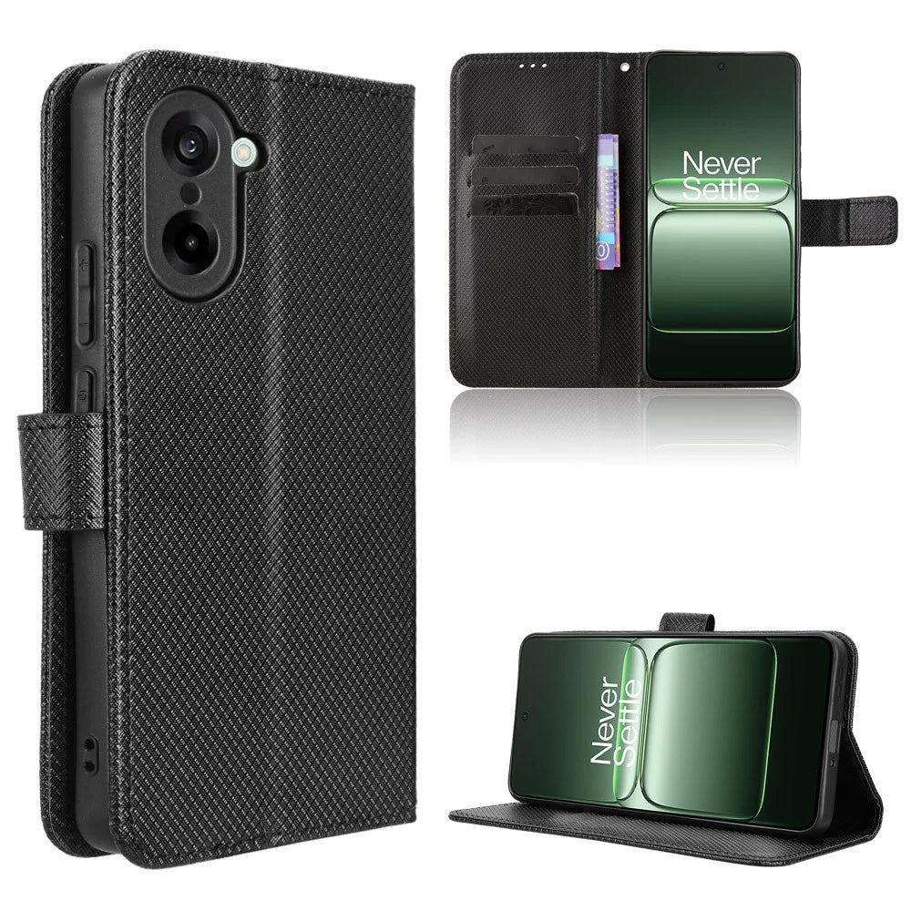 For OnePlus Nord CE5 5G / Ace 5 Racing 5G Leather Wallet Case with Strap Diamond Texture Phone Cover - Black - 1
