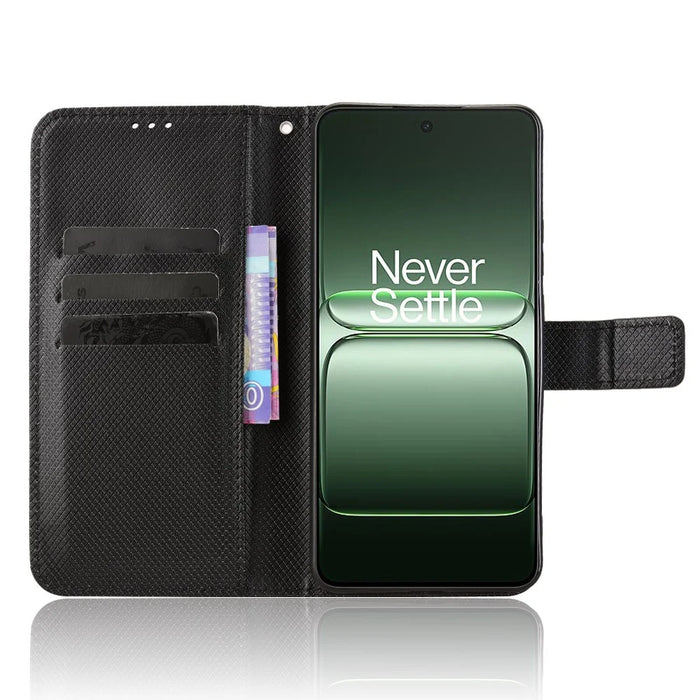 For OnePlus Nord CE5 5G / Ace 5 Racing 5G Leather Wallet Case with Strap Diamond Texture Phone Cover - Black - 6