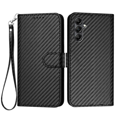 For Samsung Galaxy A18 5G / A18 4G / A17 5G / A17 4G / A26 5G / A16 5G / A16 4G Wallet Case with Strap Carbon Fiber Texture Leather Mobile Cover - Black - 1