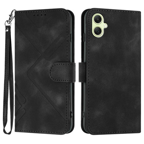 For Samsung Galaxy A08 5G / A08 4G / A07 4G / A06 4G / A06 5G Wallet Case Line Imprinted PU Leather Phone Cover with Strap - Black - 1