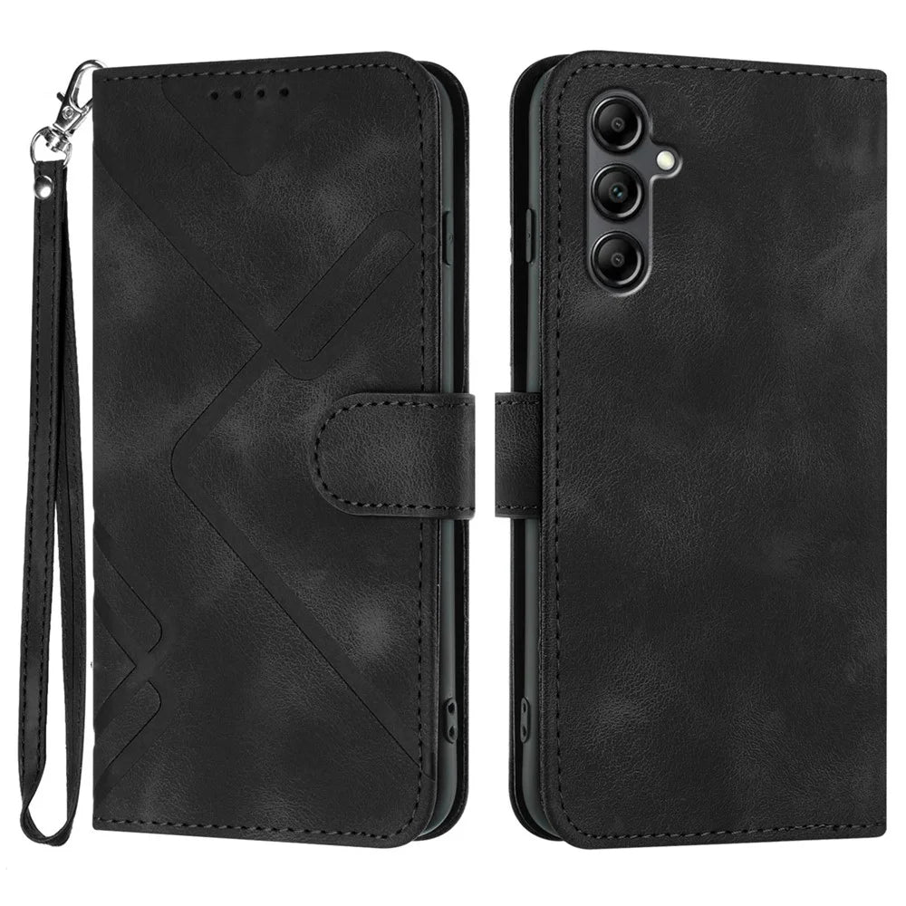 For Samsung Galaxy A18 5G / A18 4G / A17 5G / A17 4G / A26 5G / A16 5G / A16 4G Wallet Case Line Imprinted PU Leather Phone Cover with Strap - Black - 1