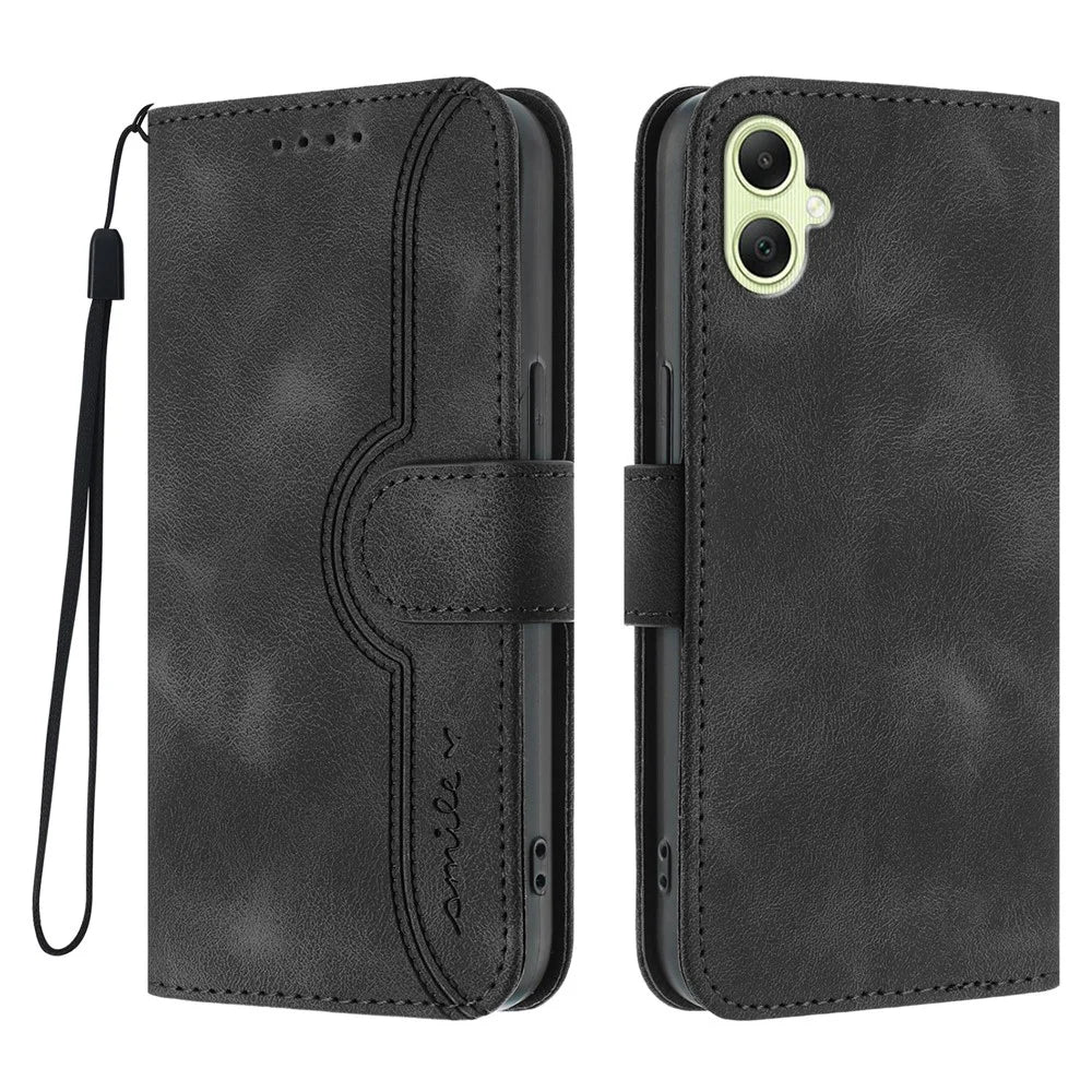 For Samsung Galaxy A08 5G / A08 4G / A07 4G / A06 4G / A06 5G Leather Case Wallet Stand Smile Imprinted Phone Cover with Strap - Black - 1