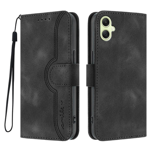 For Samsung Galaxy A08 5G / A08 4G / A07 4G / A06 4G / A06 5G Leather Case Wallet Stand Smile Imprinted Phone Cover with Strap - Black - 1