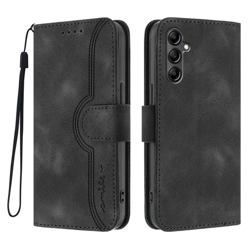 For Samsung Galaxy A18 5G / A18 4G / A17 5G / A17 4G / A26 5G / A16 5G / A16 4G Leather Case Wallet Stand Smile Imprinted Phone Cover with Strap - Black - 1