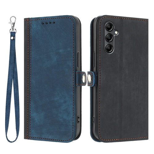 For Samsung Galaxy A18 5G / A18 4G / A17 5G / A17 4G / A26 5G / A16 5G / A16 4G PU Leather Case with Strap Phone Cover Stand Side Magnetic Button Design - Black+Royal Blue - 1
