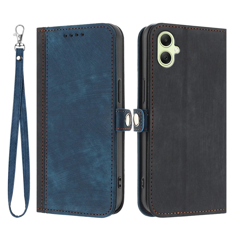 For Samsung Galaxy A08 5G / A08 4G / A07 4G / A06 4G / A06 5G PU Leather Case with Strap Phone Cover Stand Side Magnetic Button Design - Black+Royal Blue - 1