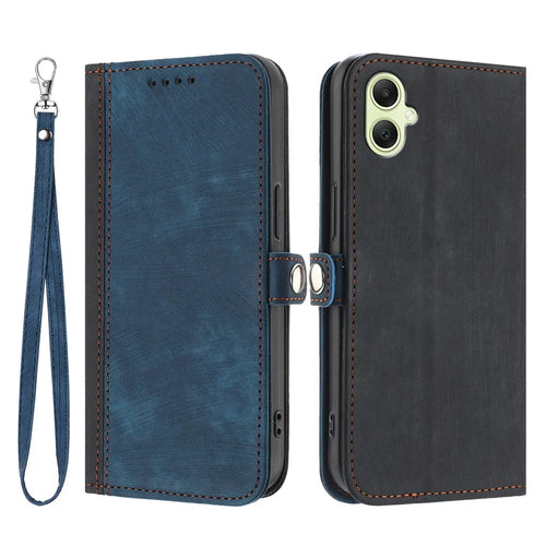 For Samsung Galaxy A08 5G / A08 4G / A07 4G / A06 4G / A06 5G PU Leather Case with Strap Phone Cover Stand Side Magnetic Button Design - Black+Royal Blue - 1