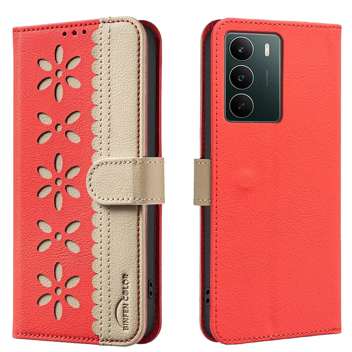 BINFEN COLOR For Realme C71 4G Leather Case  BF36 Floral Pattern Phone Cover RFID Blocking Wallet Stand - Red - 1