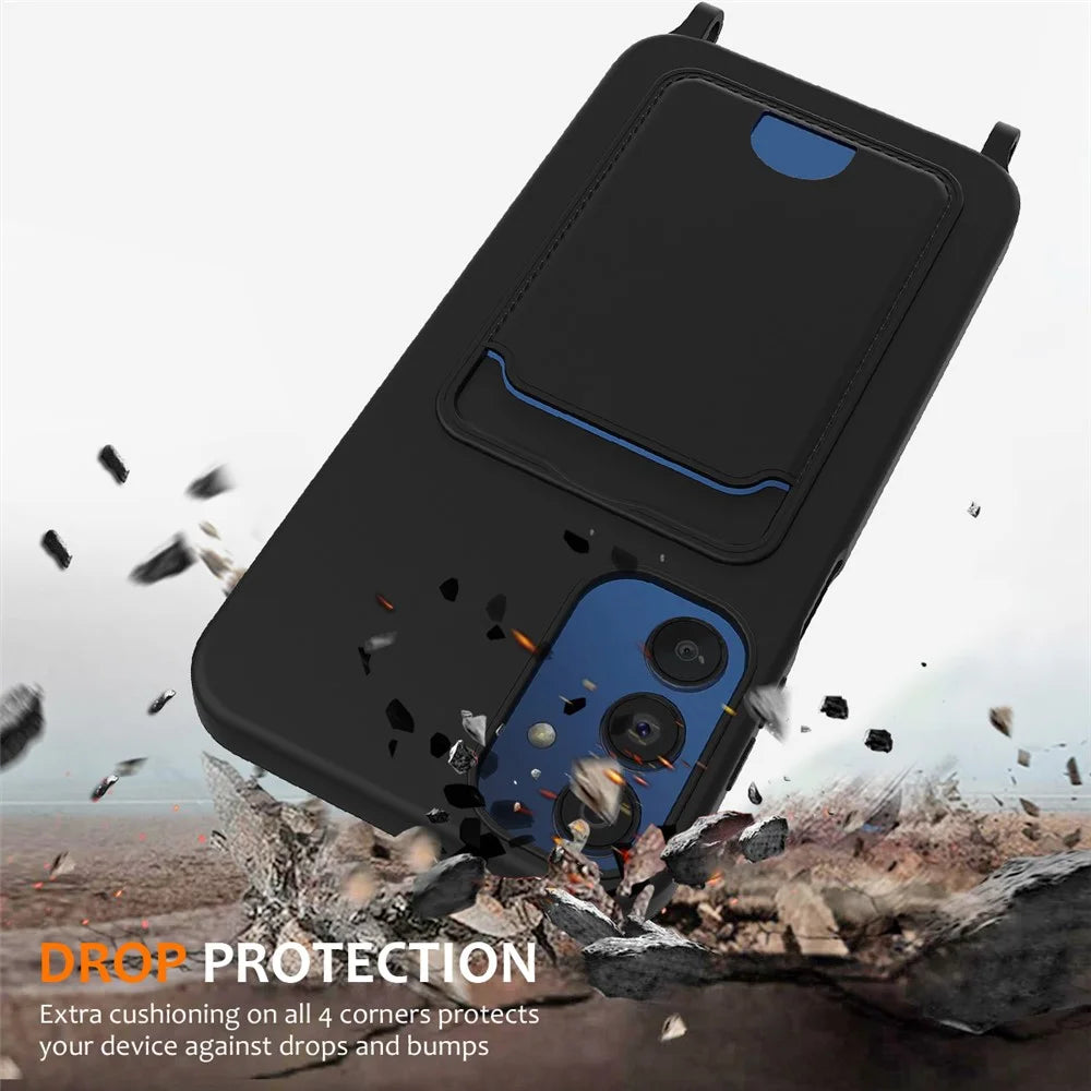 For Samsung Galaxy A54 5G Case Liquid Silicone Card Holder Back Phone Cover with Lanyard - Black - 2