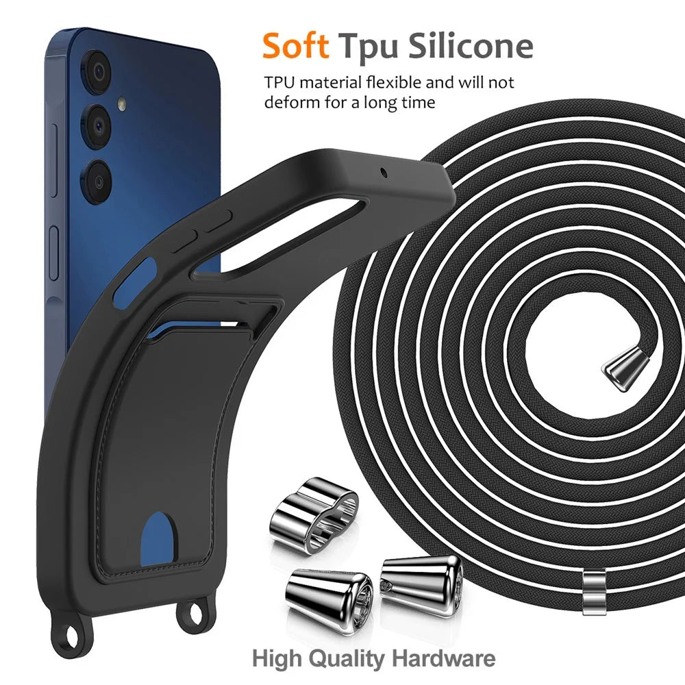For Samsung Galaxy A54 5G Case Liquid Silicone Card Holder Back Phone Cover with Lanyard - Black - 7