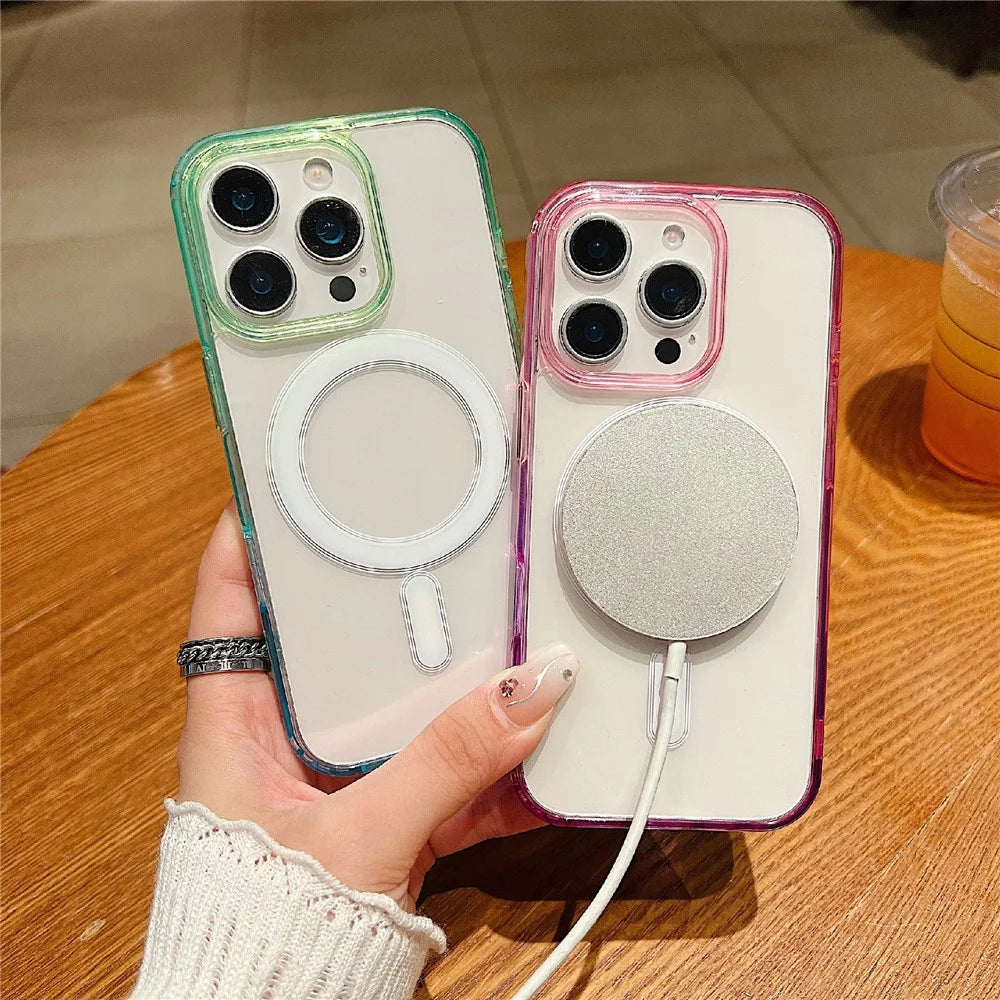 For iPhone 14 Pro Max Magnetic Case Color Matching TPU + Acrylic Gradient Clear Phone Cover - Blue / Pink - 2