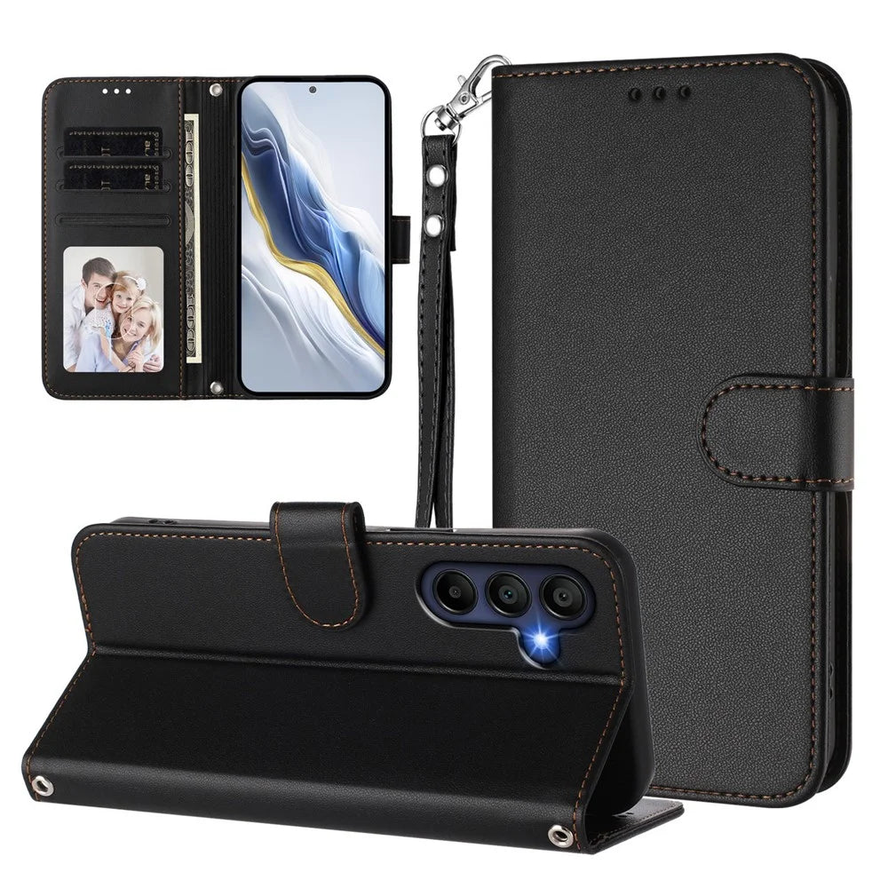 For Samsung Galaxy A18 5G / A18 4G / A17 5G / A17 4G / A26 5G Leather Case Wallet Stand Phone Cover with Wrist Strap - Black - 3