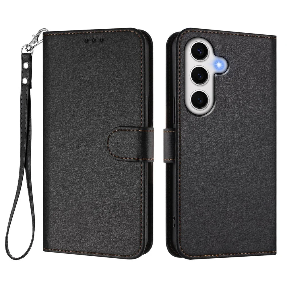 For Samsung Galaxy S24 FE Leather Case Wallet Stand Phone Cover with Wrist Strap - Black - 1