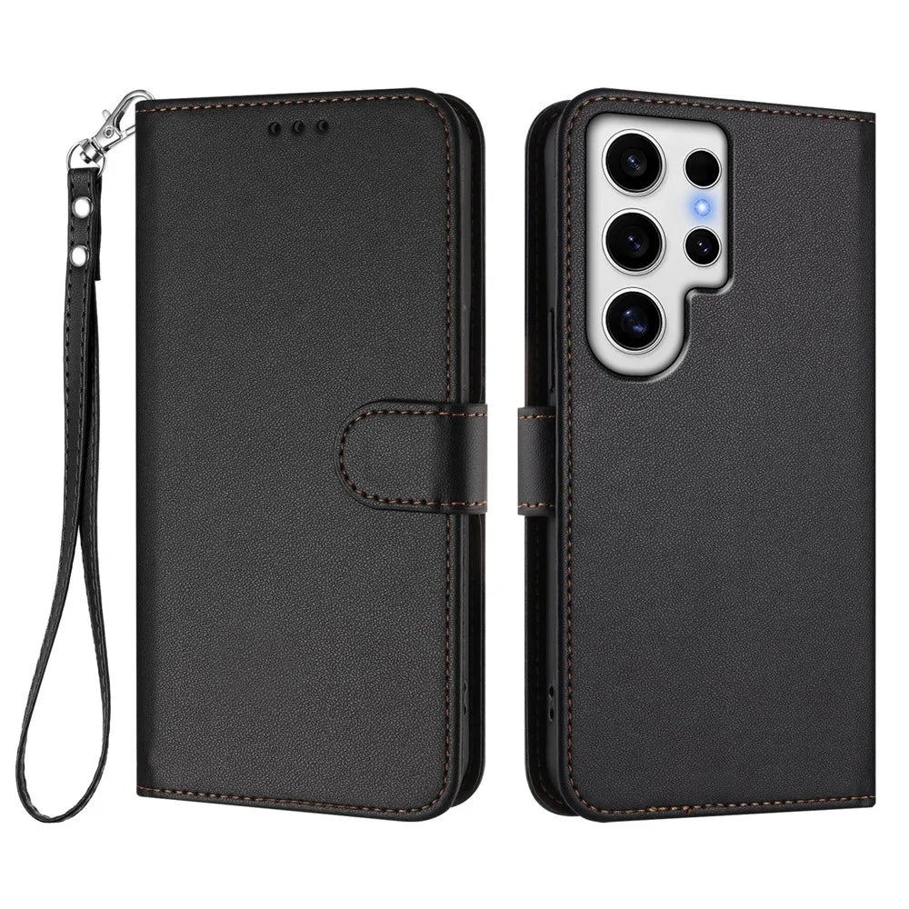 For Samsung Galaxy S24 Ultra Leather Case Wallet Stand Phone Cover with Wrist Strap - Black - 1