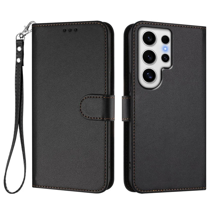 For Samsung Galaxy S24 Ultra Leather Case Wallet Stand Phone Cover with Wrist Strap - Black - 1