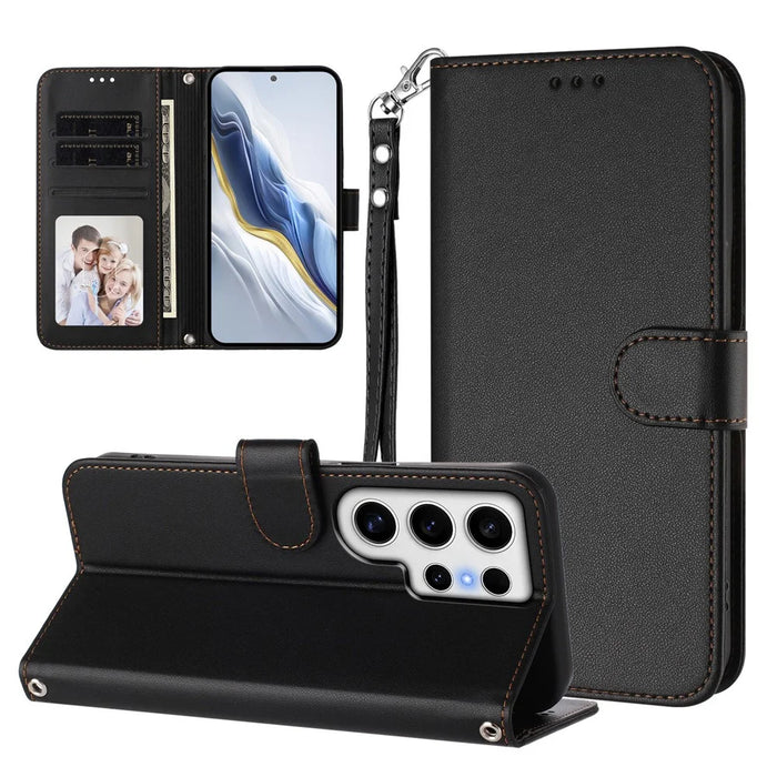 For Samsung Galaxy S24 Ultra Leather Case Wallet Stand Phone Cover with Wrist Strap - Black - 3