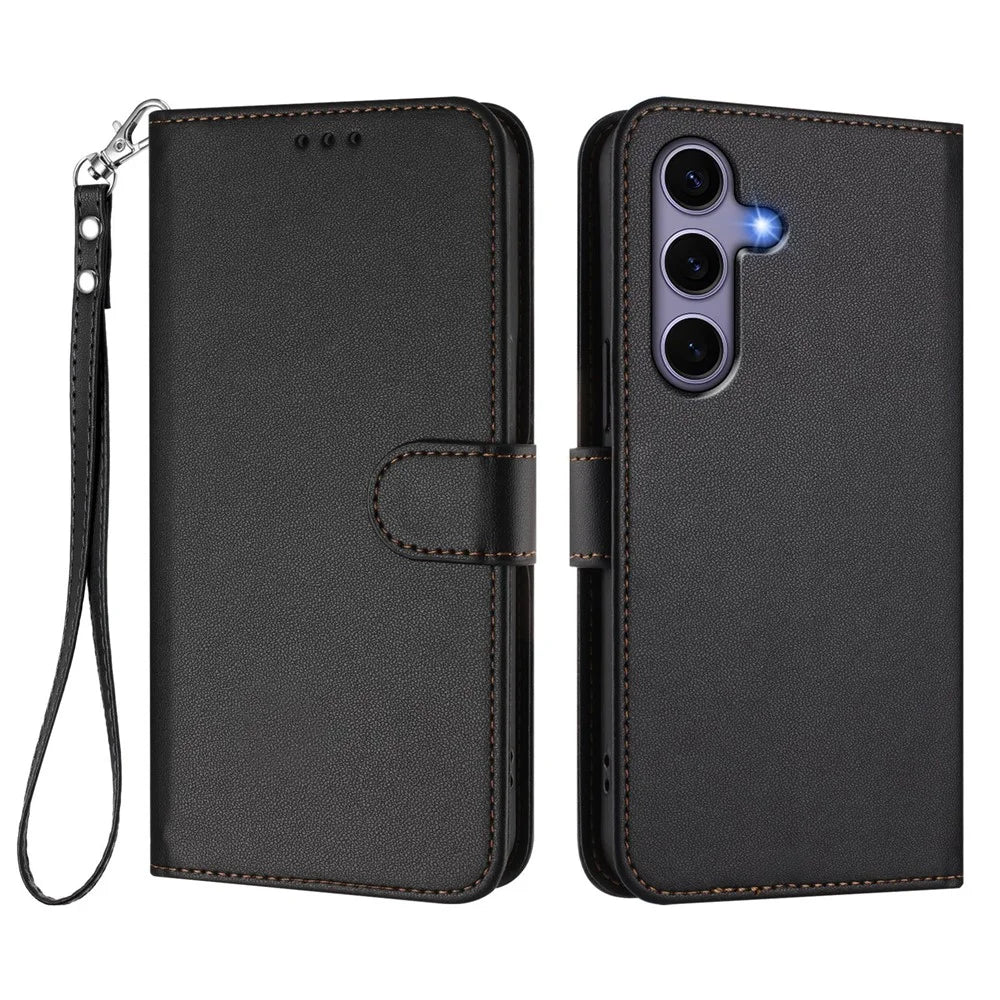 For Samsung Galaxy S24 / Galaxy S25 Leather Case Wallet Stand Phone Cover with Wrist Strap - Black - 1