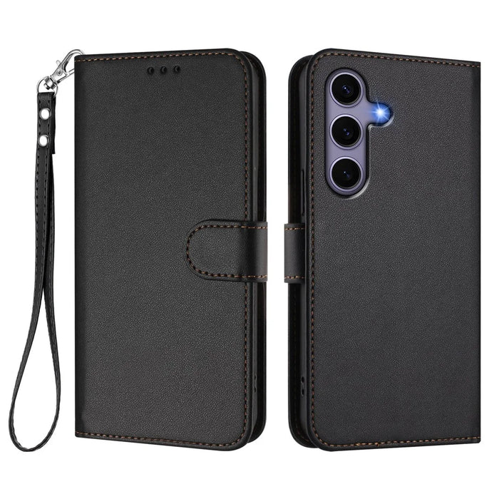 For Samsung Galaxy S24 / Galaxy S25 Leather Case Wallet Stand Phone Cover with Wrist Strap - Black - 1