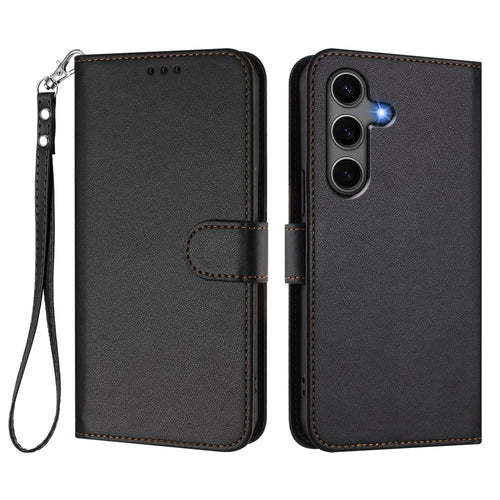 For Samsung Galaxy S24+ / Galaxy S25+ Leather Case Wallet Stand Phone Cover with Wrist Strap - Black - 1