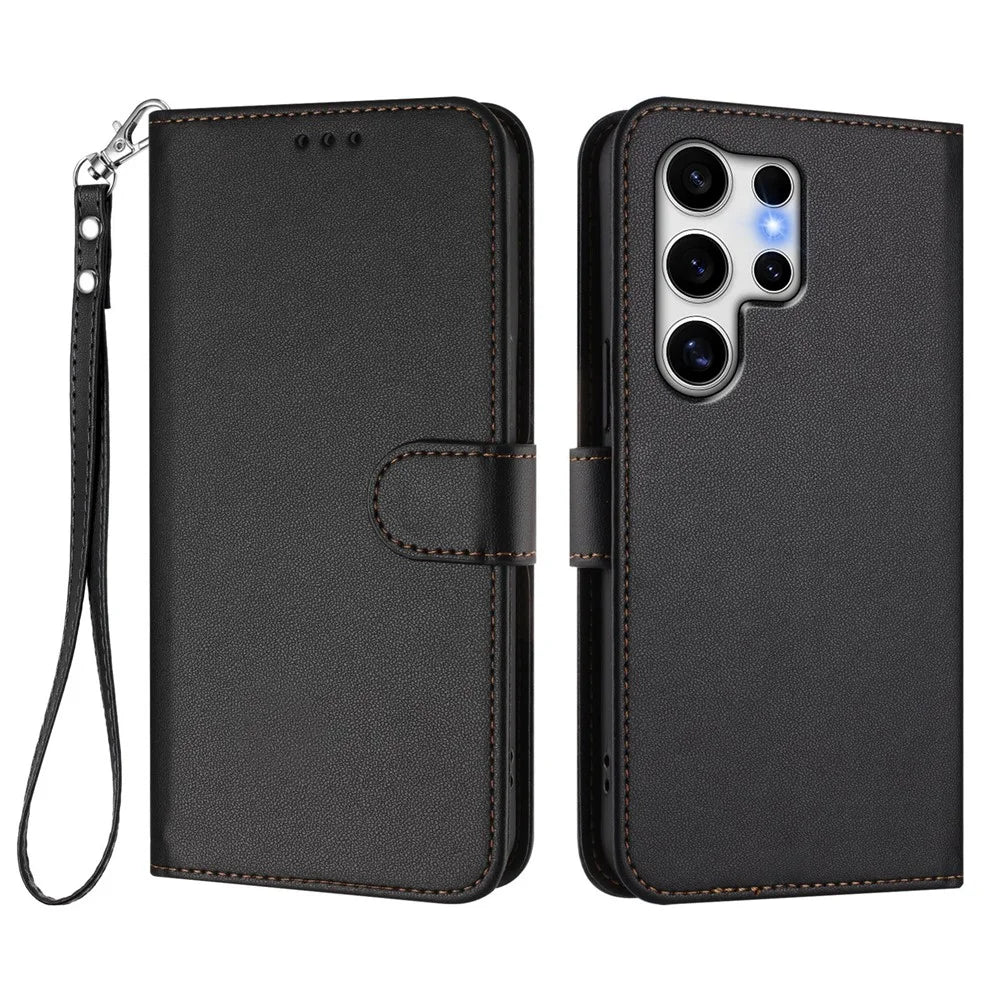 For Samsung Galaxy S25 Ultra Leather Case Wallet Stand Phone Cover with Wrist Strap - Black - 1