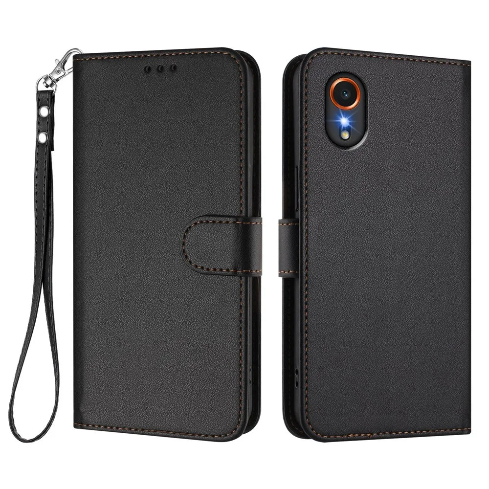 For Samsung Galaxy Xcover7 Leather Case Wallet Stand Phone Cover with Wrist Strap - Black - 1