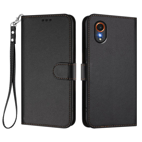 For Samsung Galaxy Xcover7 Leather Case Wallet Stand Phone Cover with Wrist Strap - Black - 1