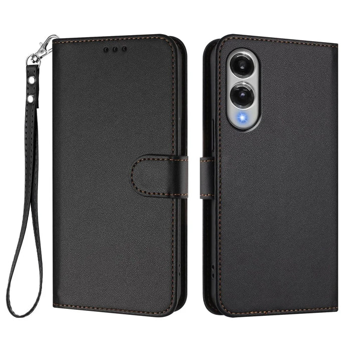 For Samsung Galaxy S25 Edge Leather Case Wallet Stand Phone Cover with Wrist Strap - Black - 1