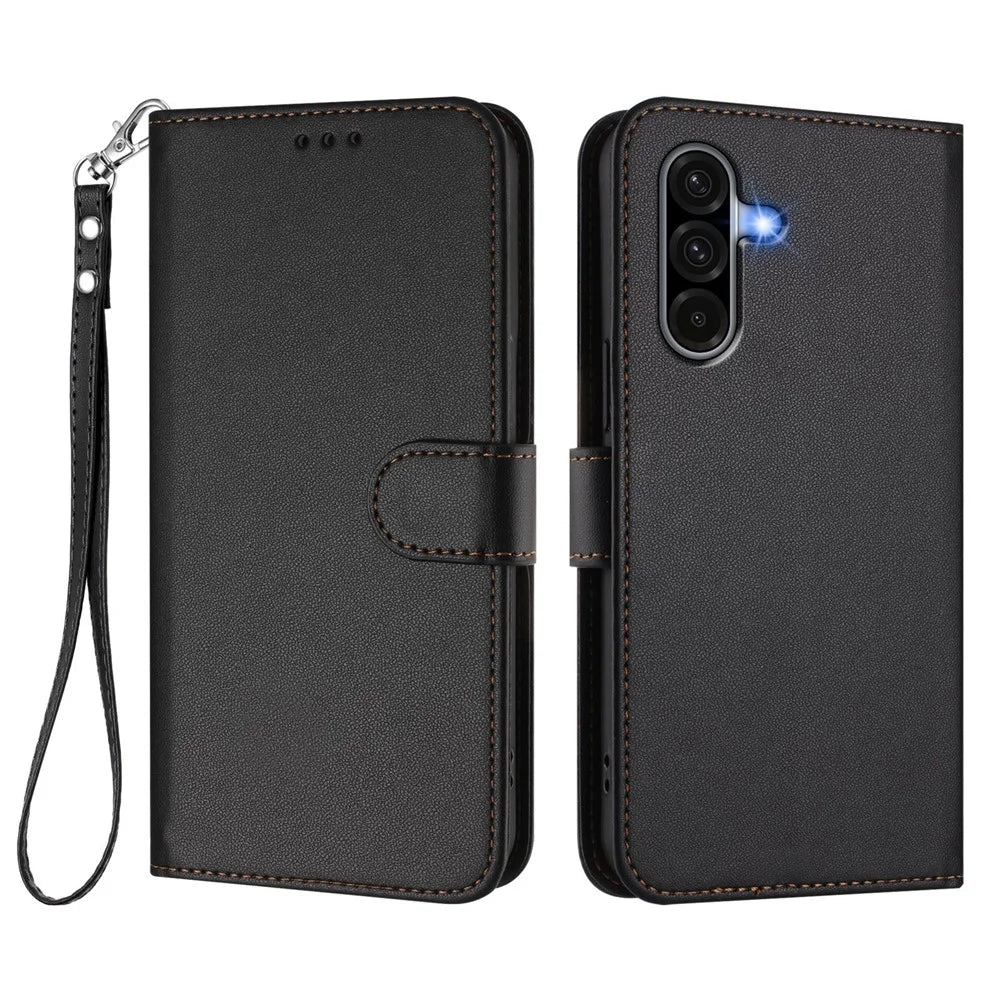 For Samsung Galaxy A37 5G / A56 5G / A36 5G Leather Case Wallet Stand Phone Cover with Wrist Strap - Black - 1