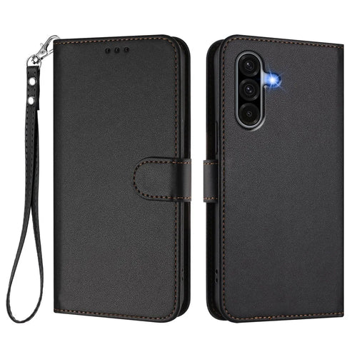 For Samsung Galaxy A37 5G / A56 5G / A36 5G Leather Case Wallet Stand Phone Cover with Wrist Strap - Black - 1
