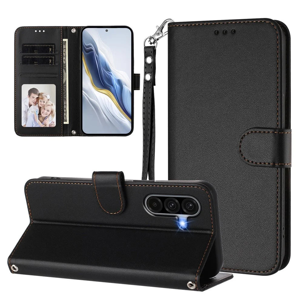 For Samsung Galaxy A37 5G / A56 5G / A36 5G Leather Case Wallet Stand Phone Cover with Wrist Strap - Black - 3
