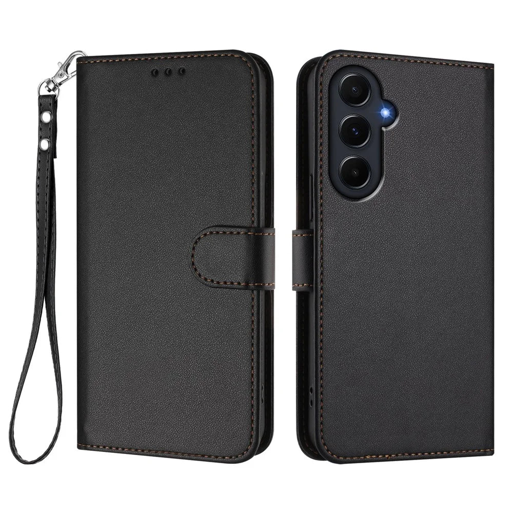 For Samsung Galaxy A55 5G Leather Case Wallet Stand Phone Cover with Wrist Strap - Black - 1