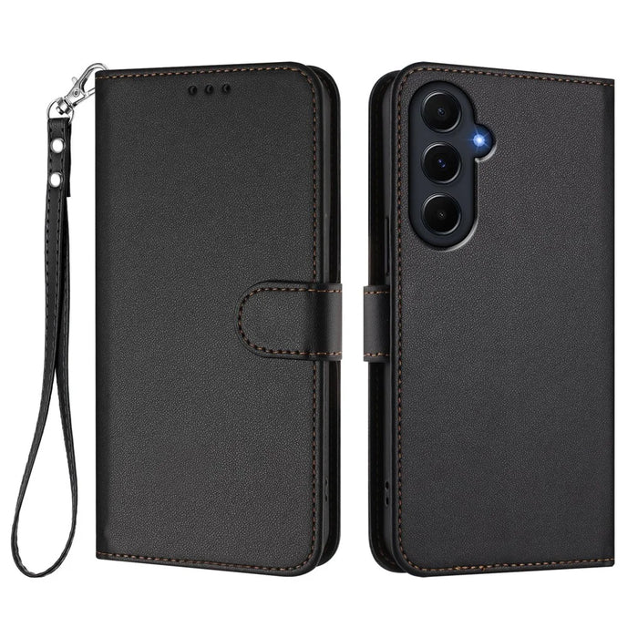 For Samsung Galaxy A55 5G Leather Case Wallet Stand Phone Cover with Wrist Strap - Black - 1