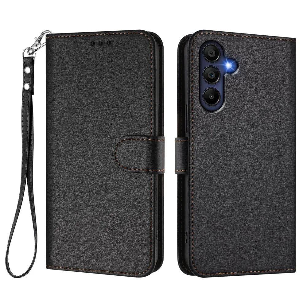 For Samsung Galaxy A26 5G Leather Case Wallet Stand Phone Cover with Wrist Strap - Black - 1