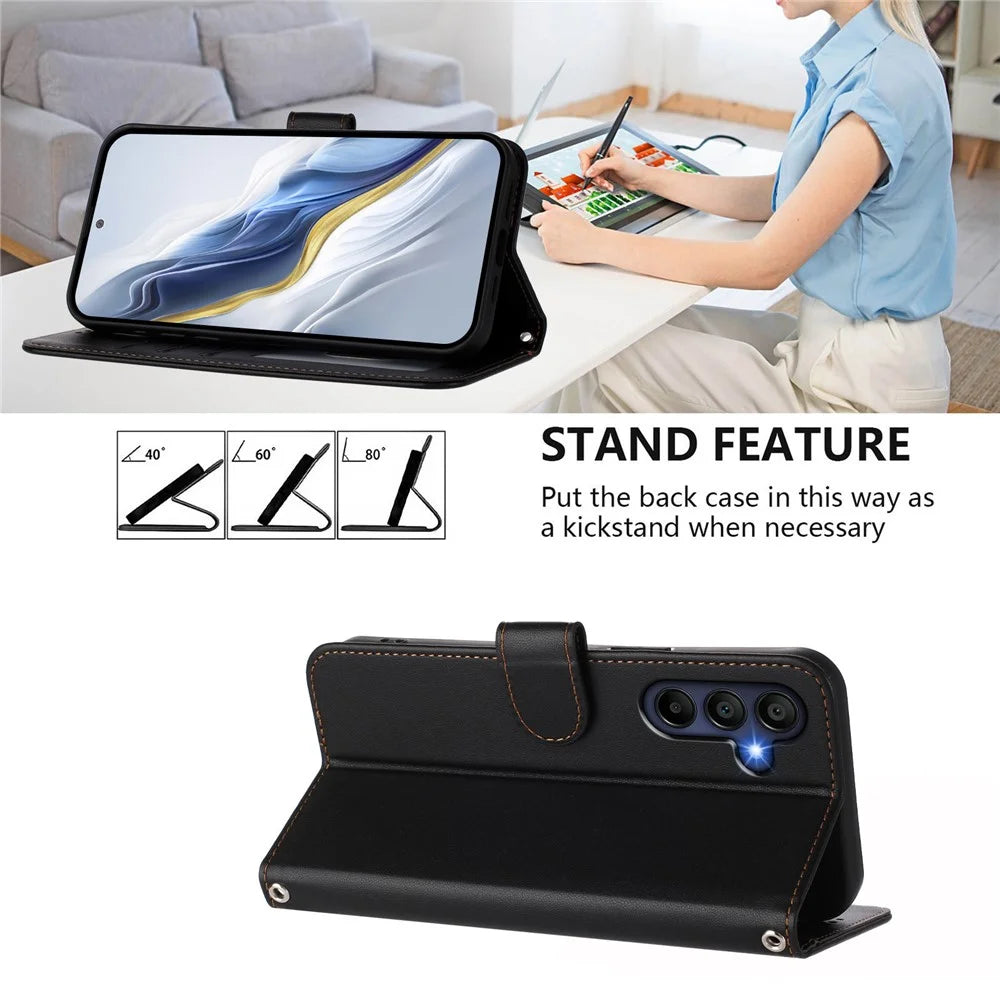 For Samsung Galaxy A26 5G Leather Case Wallet Stand Phone Cover with Wrist Strap - Black - 4