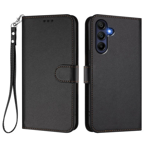 For Samsung Galaxy A16 5G / Galaxy A16 4G Leather Case Wallet Stand Phone Cover with Wrist Strap - Black - 1