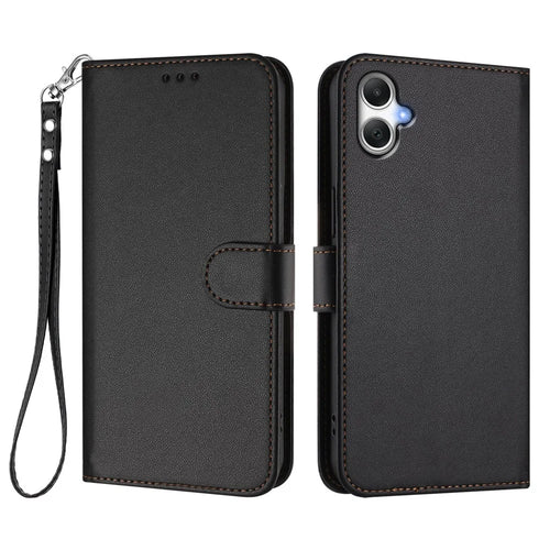 For Samsung Galaxy A06 4G / Galaxy A06 5G Leather Case Wallet Stand Phone Cover with Wrist Strap - Black - 1
