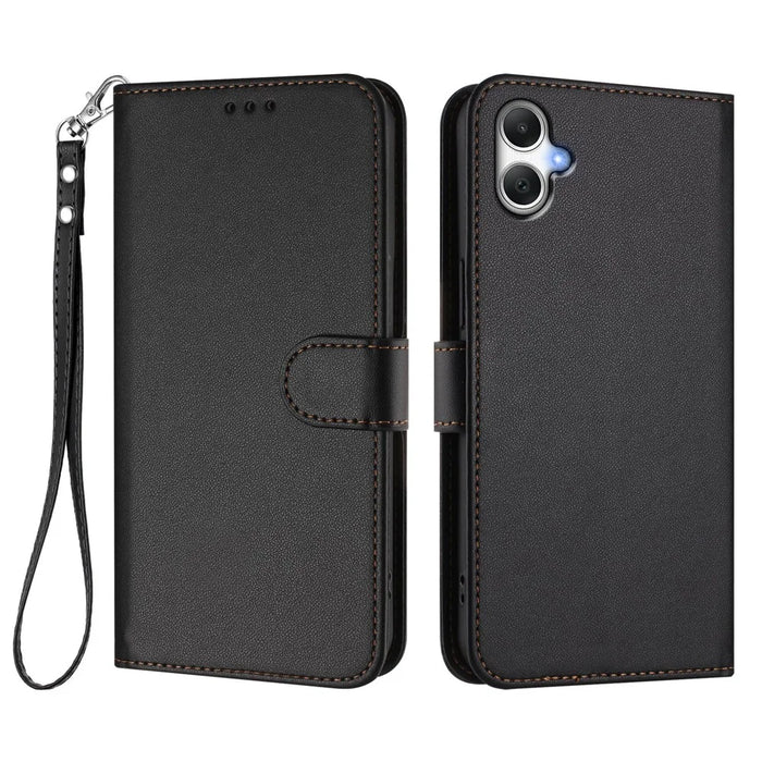 For Samsung Galaxy A06 4G / Galaxy A06 5G Leather Case Wallet Stand Phone Cover with Wrist Strap - Black - 1