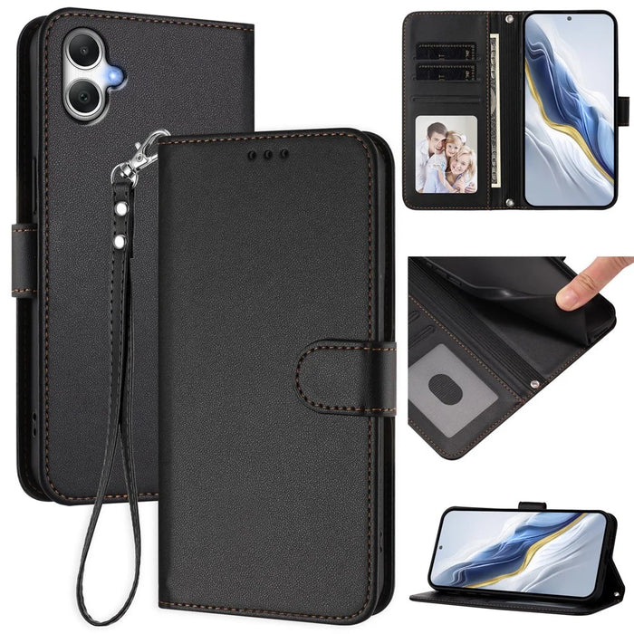 For Samsung Galaxy A06 4G / Galaxy A06 5G Leather Case Wallet Stand Phone Cover with Wrist Strap - Black - 2
