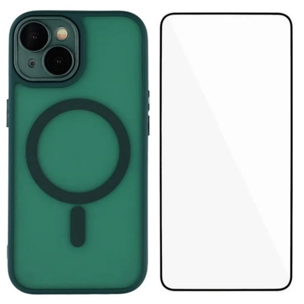 WANLONFENG For iPhone 14 Plus Case Compatible with MagSafe  QB Series PC TPU Phone Cover with Screen Film - Dark Green - 1