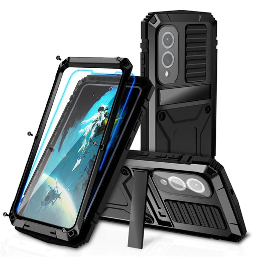 R-JUST For Samsung Galaxy S25 Edge Case PC + Silicone + Metal Kickstand Phone Cover with Tempered Glass Film - Black - 1