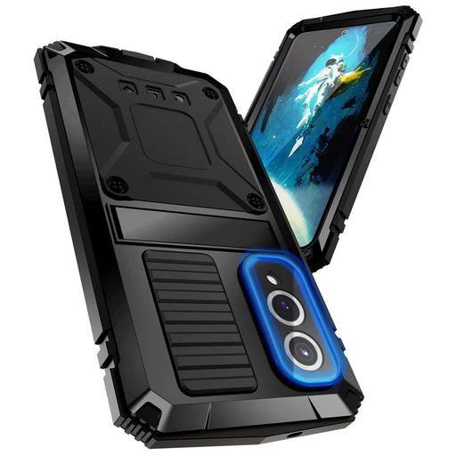 R-JUST For Samsung Galaxy S25 Edge Case PC + Silicone + Metal Kickstand Phone Cover with Tempered Glass Film - Black - 2