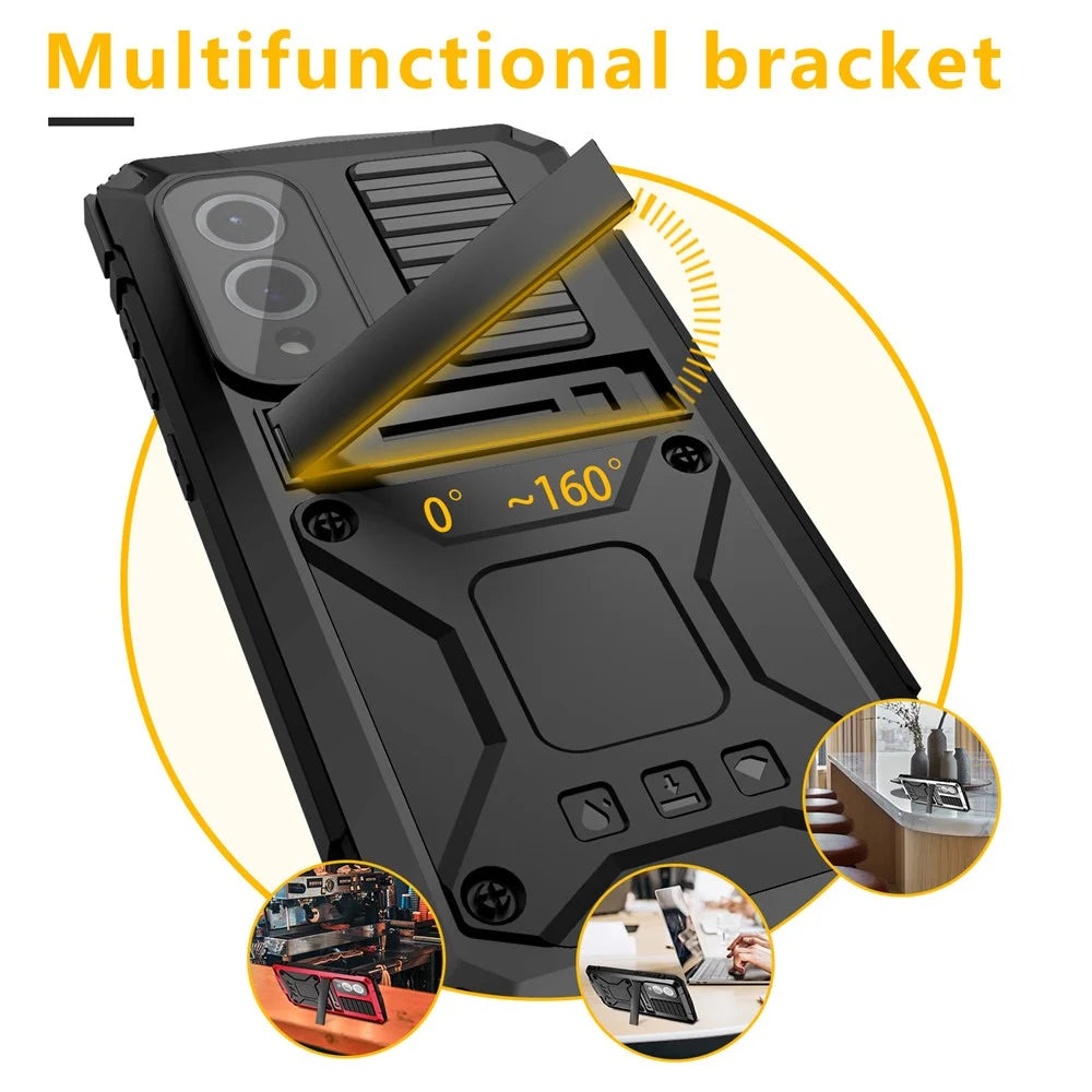 R-JUST For Samsung Galaxy S25 Edge Case PC + Silicone + Metal Kickstand Phone Cover with Tempered Glass Film - Black - 3