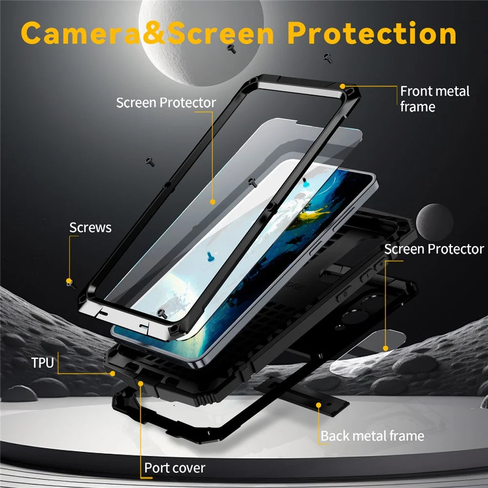 R-JUST For Samsung Galaxy S25 Edge Case PC + Silicone + Metal Kickstand Phone Cover with Tempered Glass Film - Black - 4
