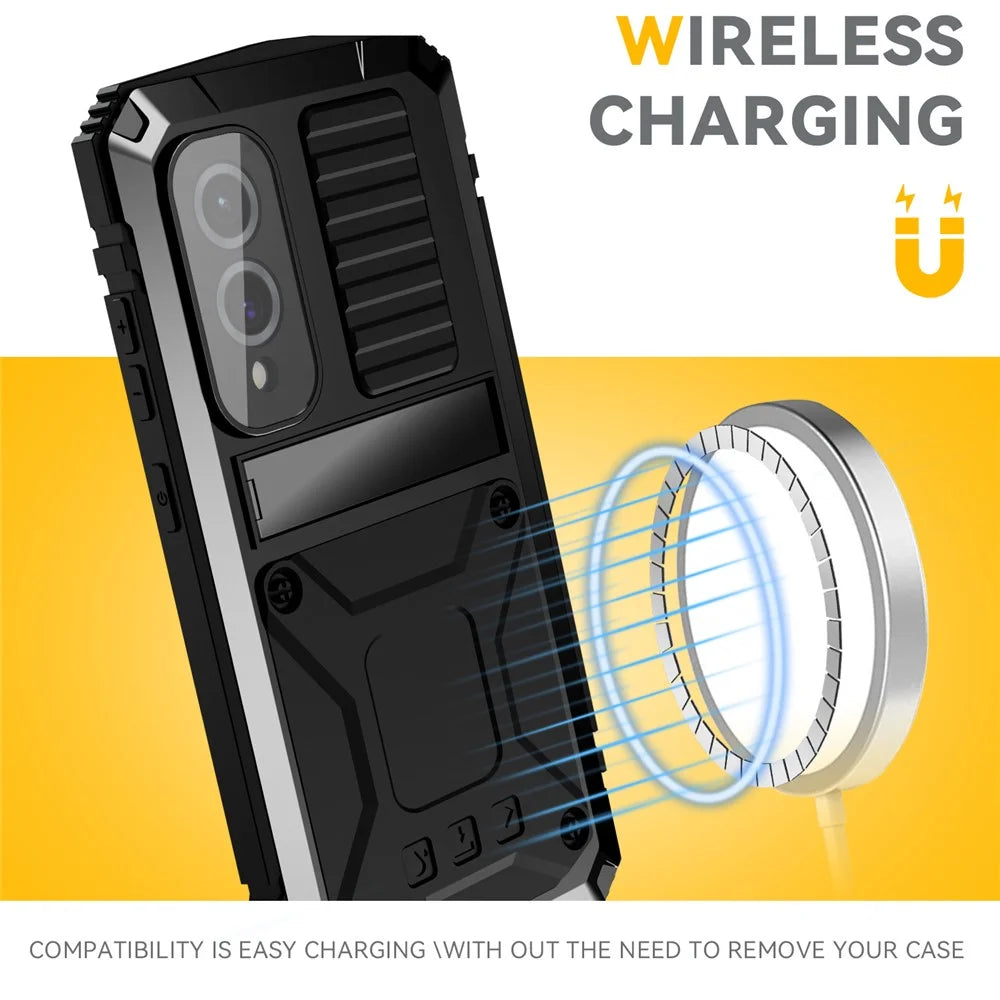 R-JUST For Samsung Galaxy S25 Edge Case PC + Silicone + Metal Kickstand Phone Cover with Tempered Glass Film - Black - 6