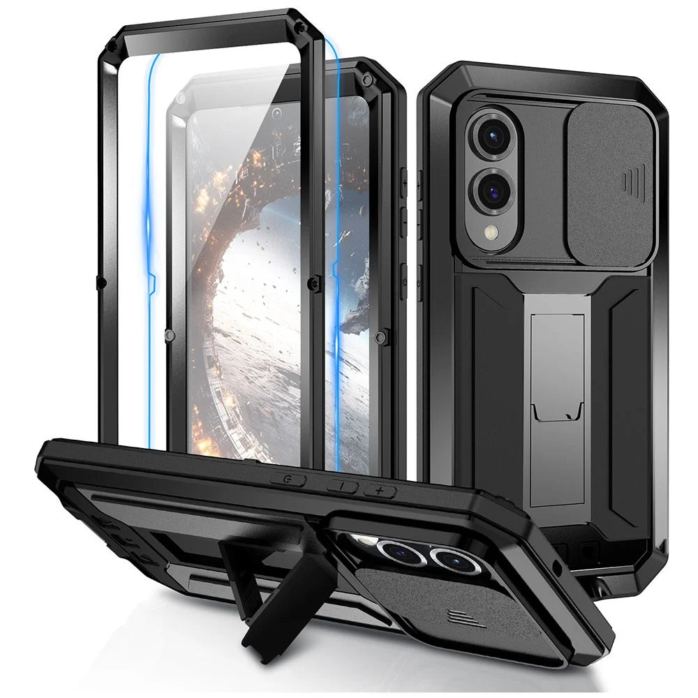 R-JUST For Samsung Galaxy S25 Edge Case PC + Silicone + Metal Back Cover with Tempered Glass Film - Black - 1