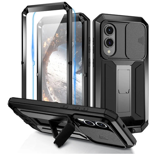 R-JUST For Samsung Galaxy S25 Edge Case PC + Silicone + Metal Back Cover with Tempered Glass Film - Black - 1