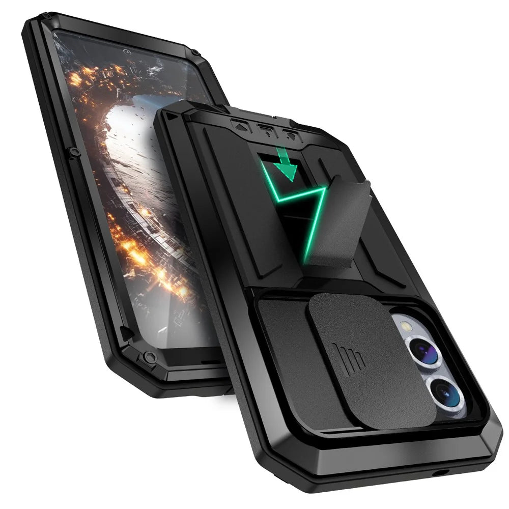 R-JUST For Samsung Galaxy S25 Edge Case PC + Silicone + Metal Back Cover with Tempered Glass Film - Black - 2