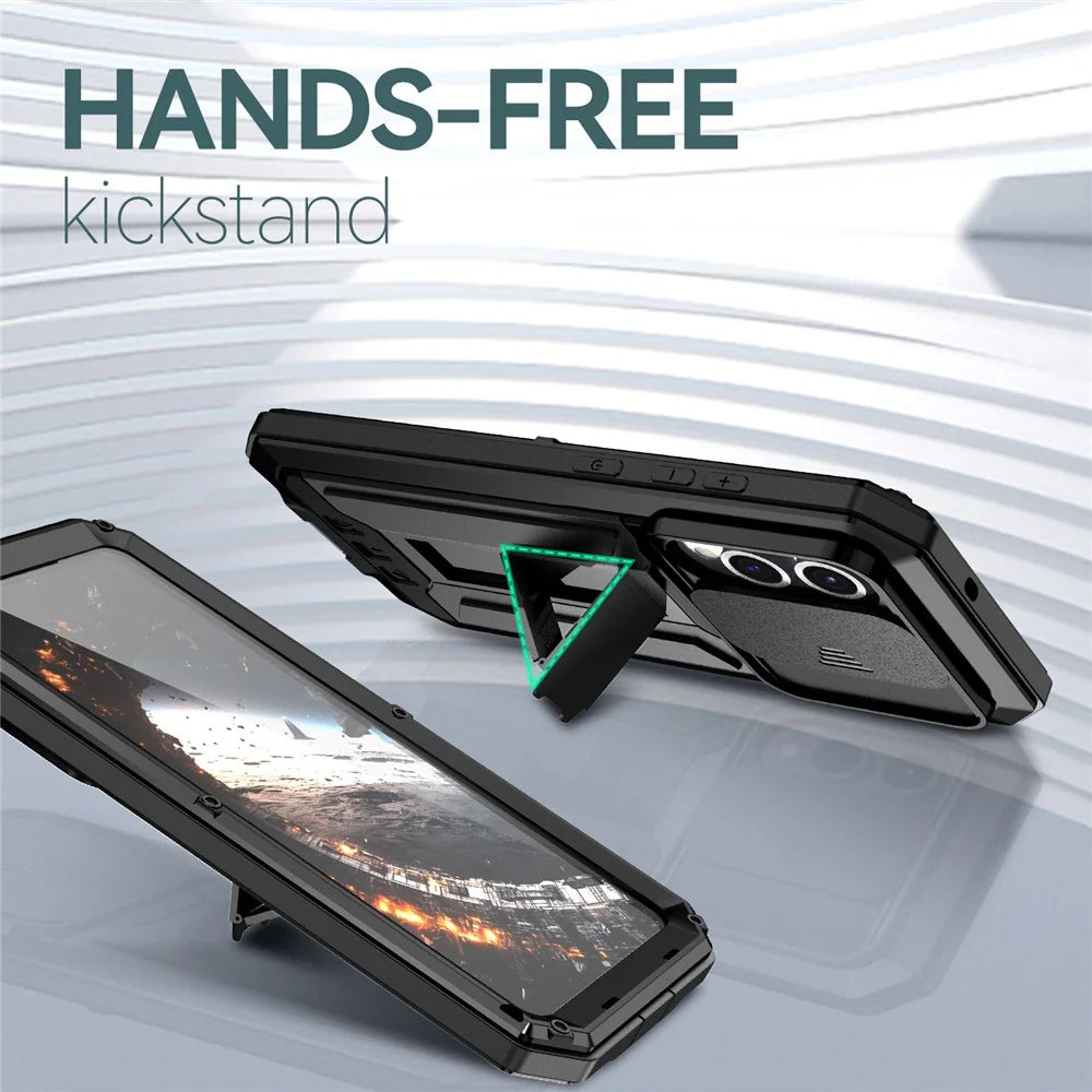 R-JUST For Samsung Galaxy S25 Edge Case PC + Silicone + Metal Back Cover with Tempered Glass Film - Black - 6