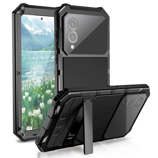 R-JUST For Samsung Galaxy S25 Edge Case PC + Silicone + Metal Kickstand Phone Cover with Tempered Glass Film - Black - 1